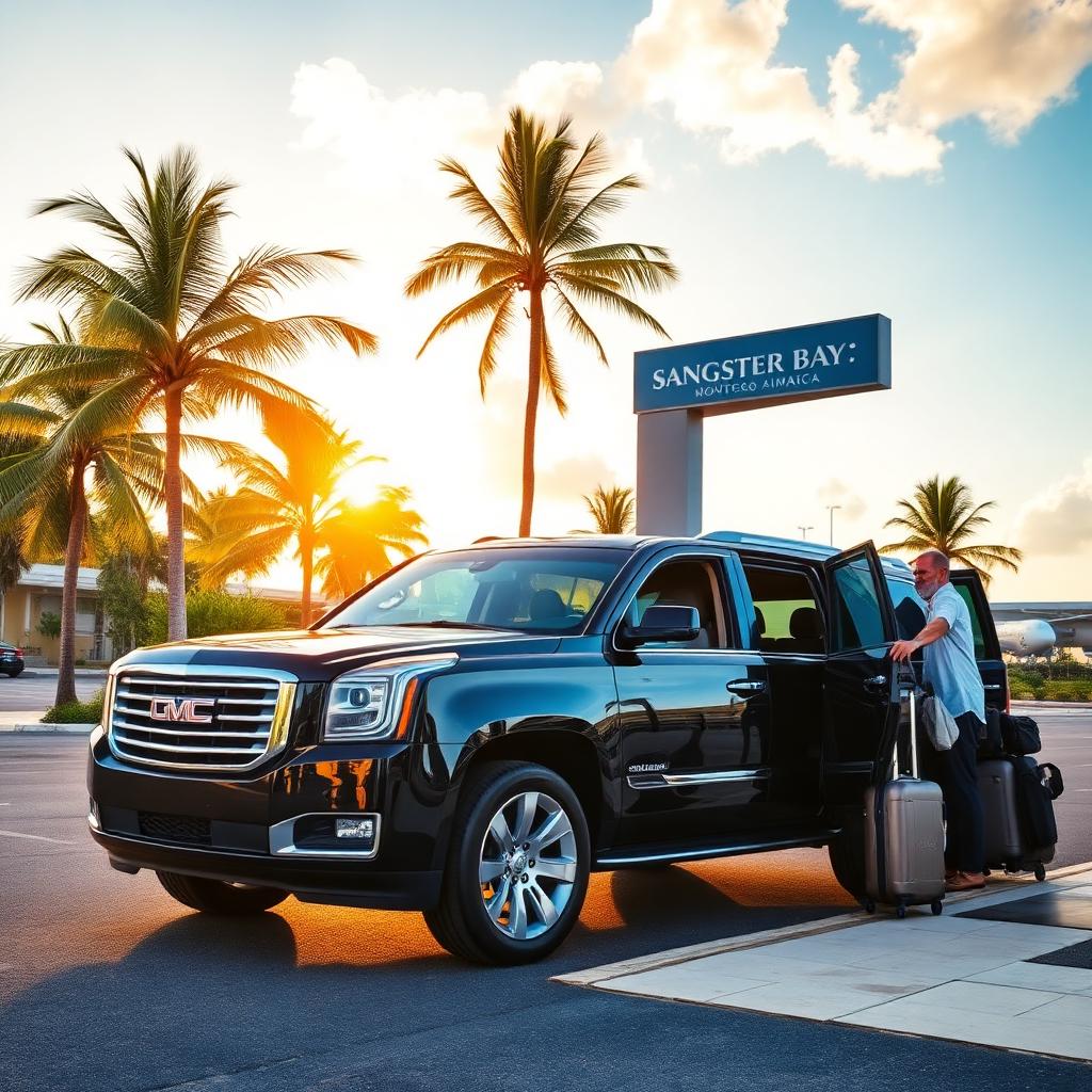 Private black SUV airport transfer at Sangster International Airport, Montego Bay Jamaica