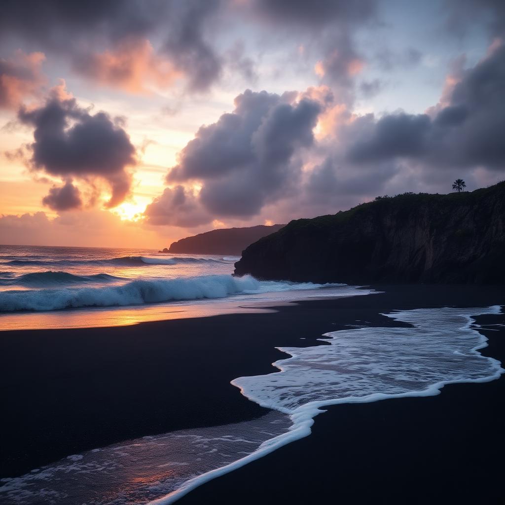 Black sand beach with rolling waves at sunset