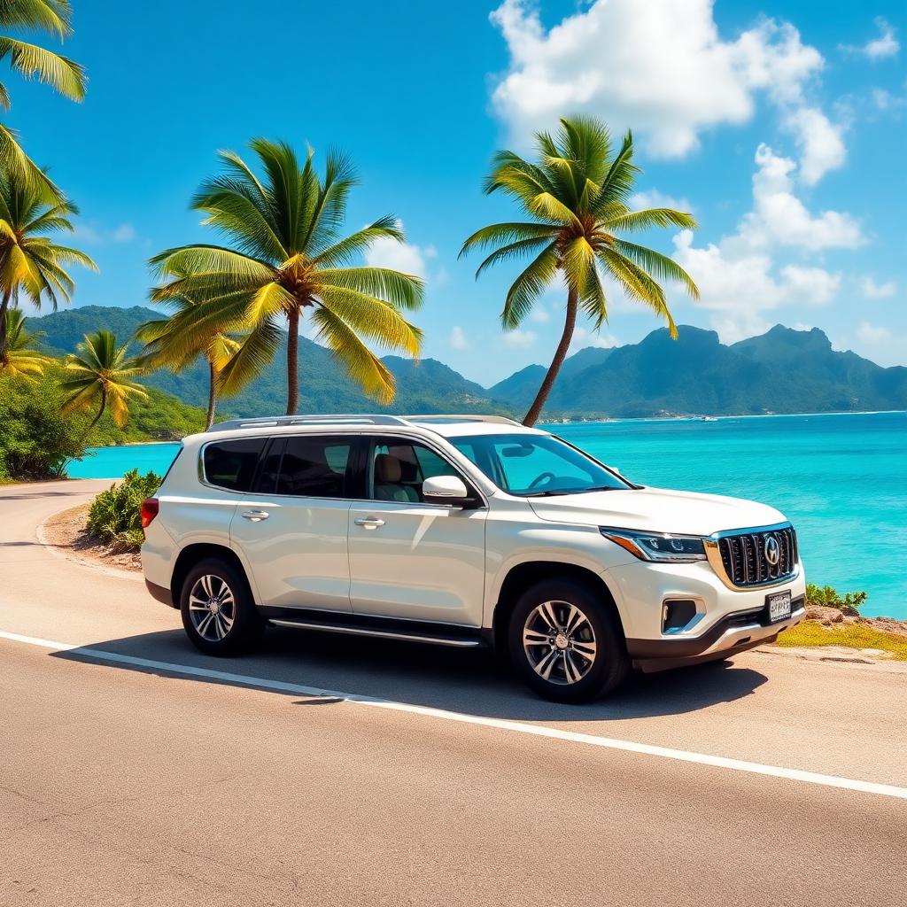 White SUV rental car on a coastal road in Jamaica with turquoise ocean and palm trees