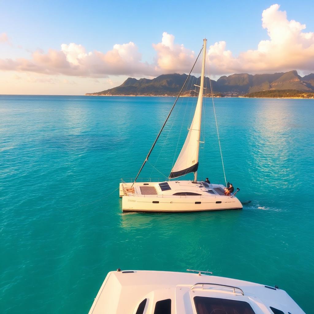 Catamaran sailing on turquoise Caribbean water