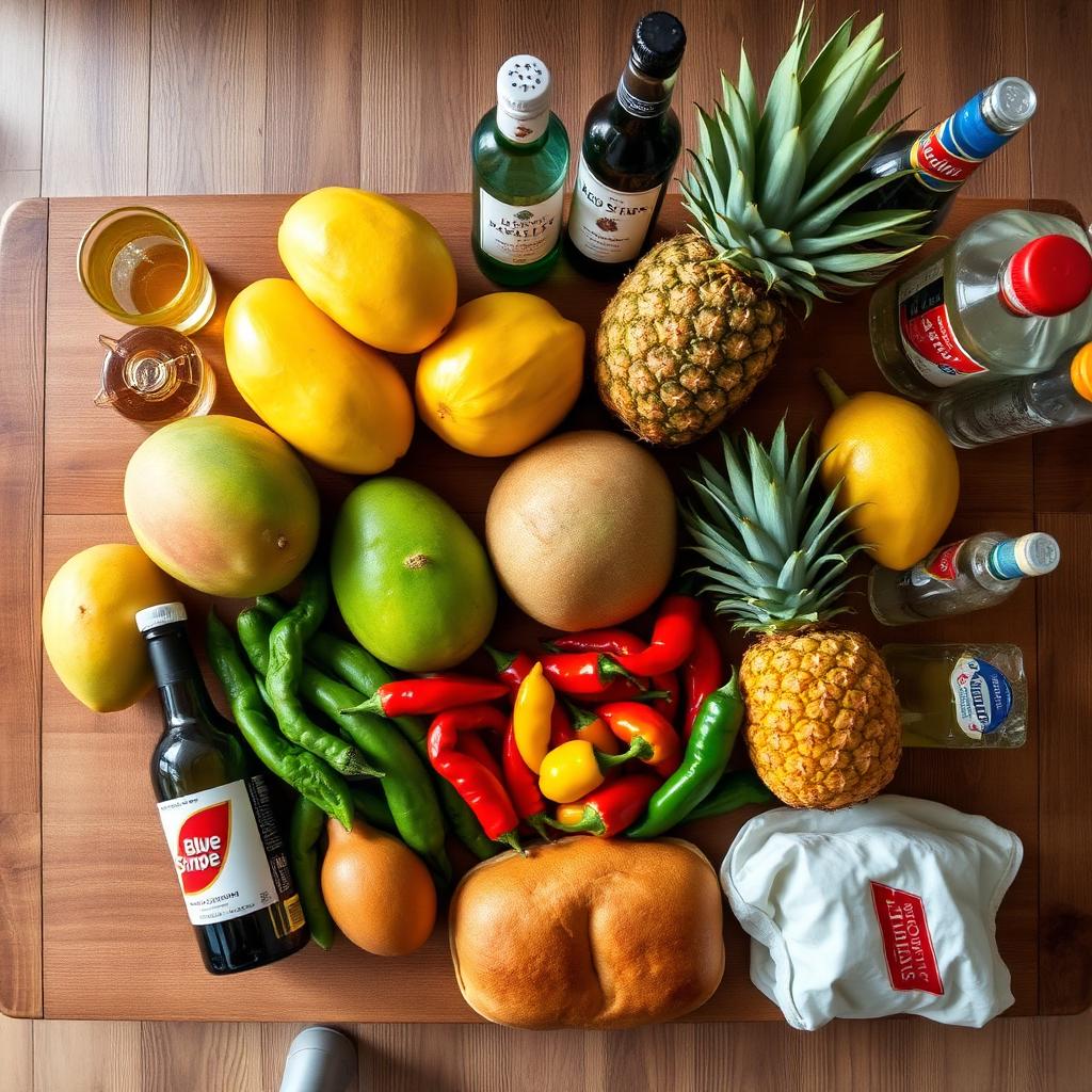 Fresh Jamaican groceries, tropical fruit, and beverages laid out on a villa kitchen counter