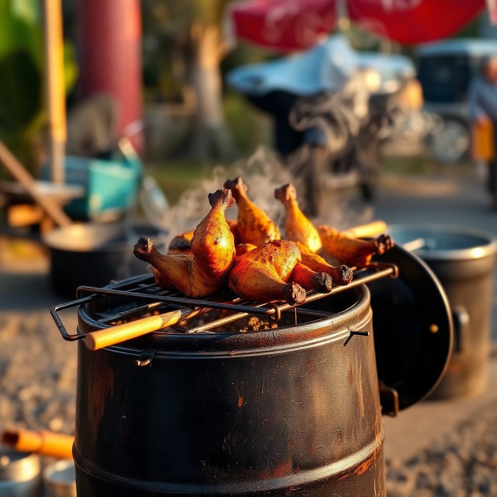 Jerk chicken sizzling on a roadside drum grill