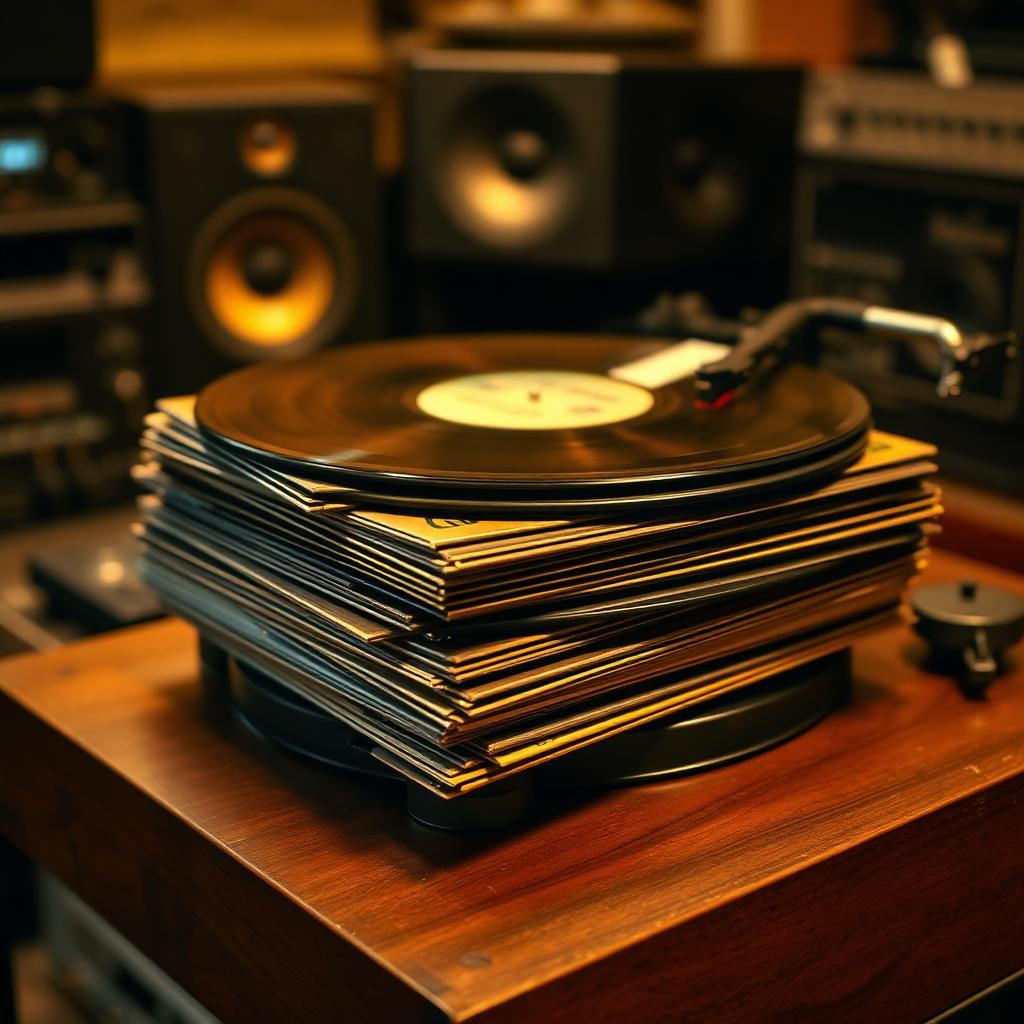 Stack of reggae vinyl records on a turntable